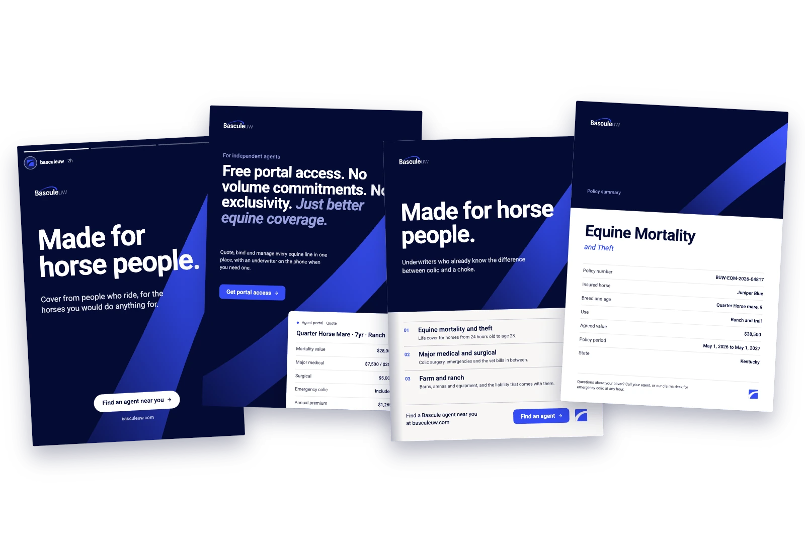 Bascule's brand: the BasculeUW wordmark, its colours and type, and a social post, an advert and a document in the house style