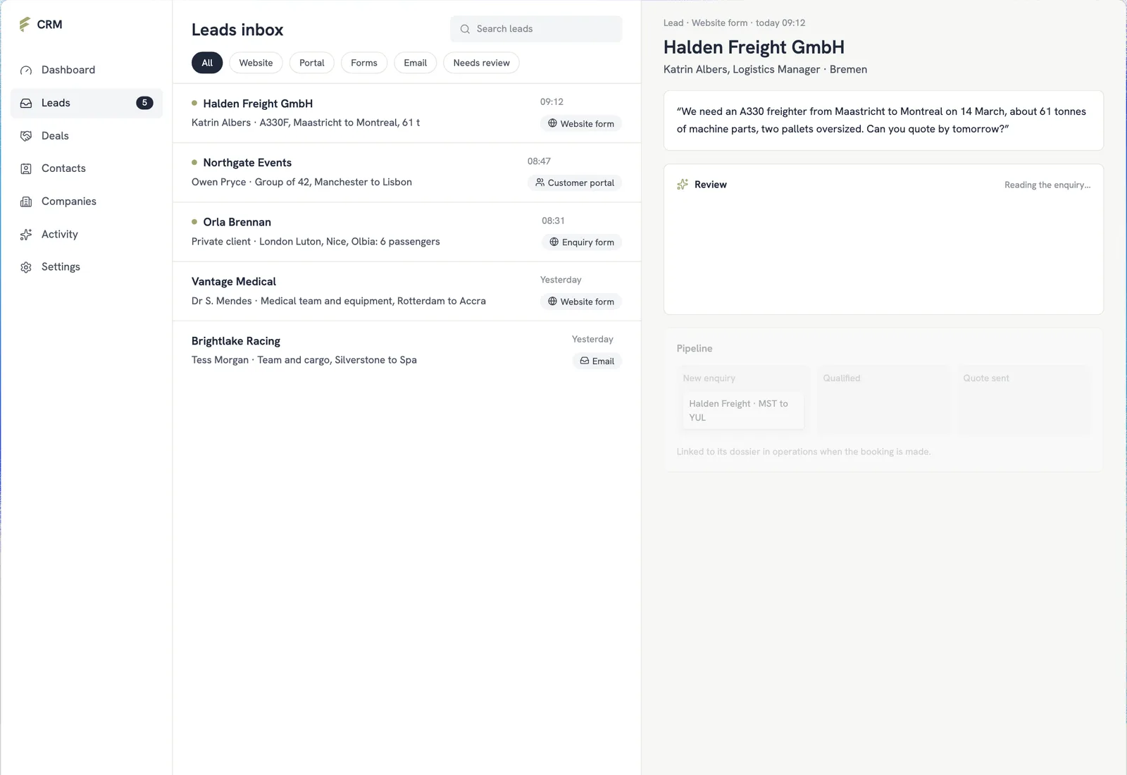 Fliteline's CRM: the leads inbox, with a review proposing a high fit for a time-critical cargo enquiry