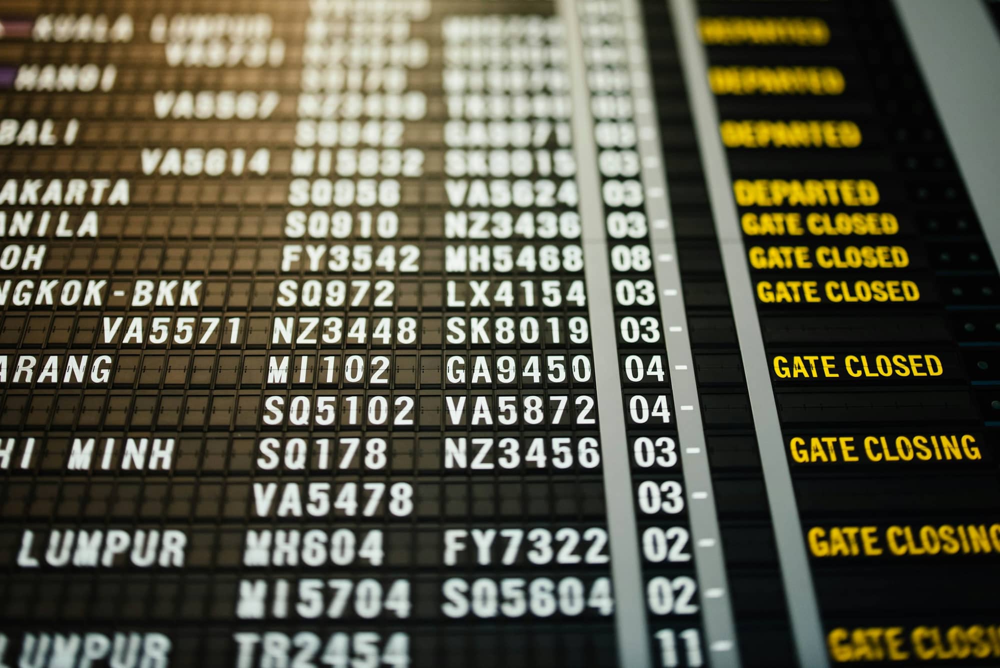 A split-flap departures board