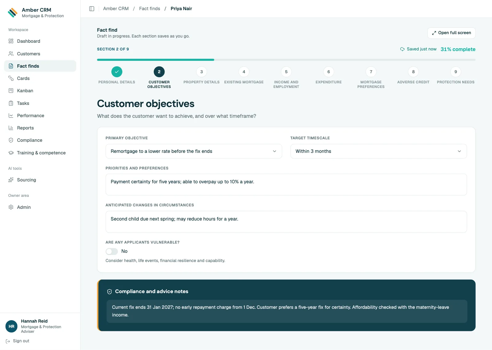 Amber CRM's fact find, rebuilt with invented answers: section two of nine, customer objectives, with the compliance notes below
