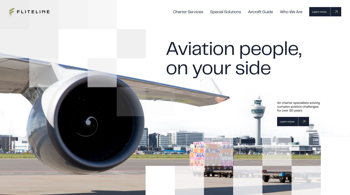 Fliteline homepage, an aviation charter booking site