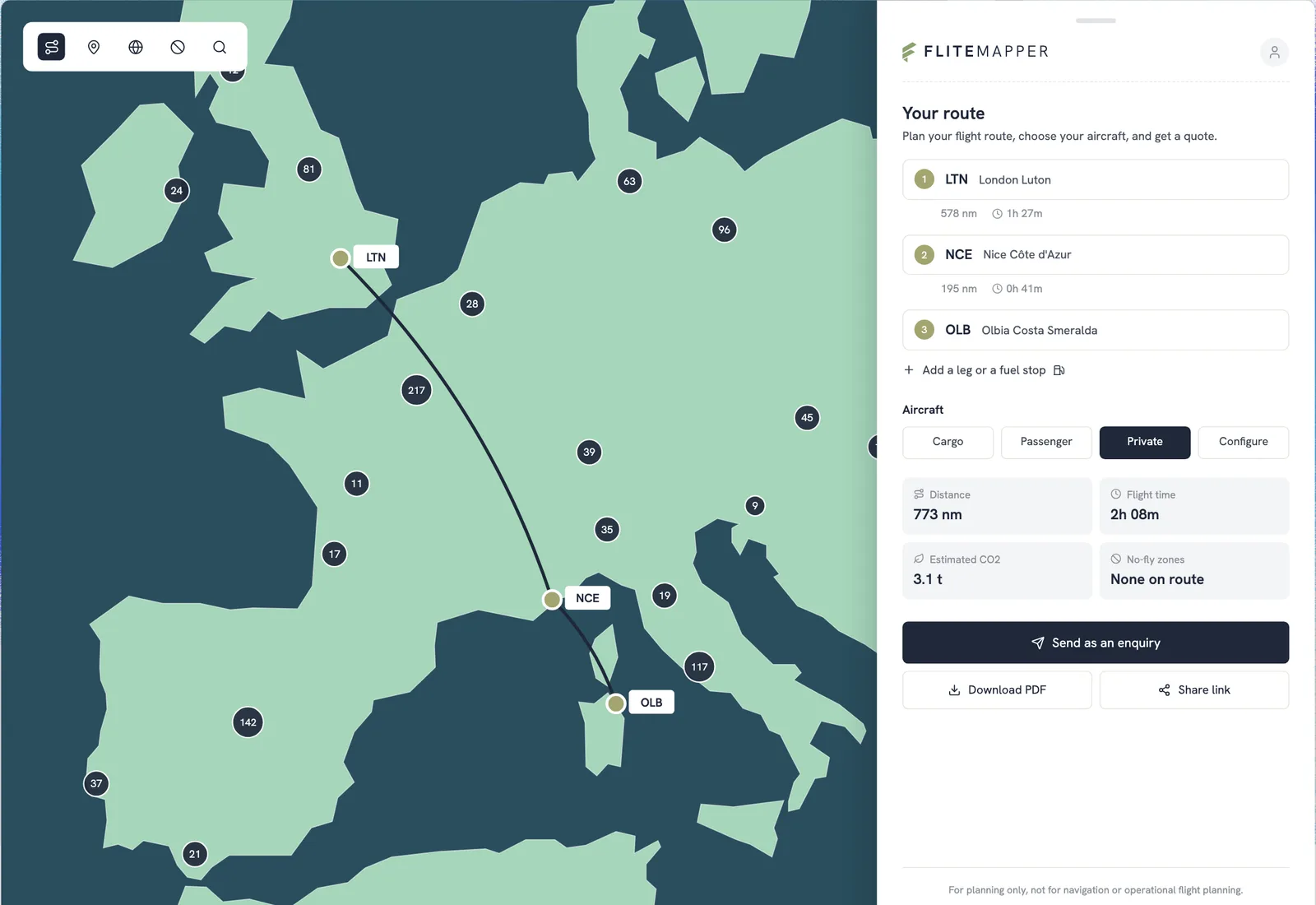 FliteMapper's planner: a route from London to Nice to Olbia drawn across a map of Europe, with the plan in the side panel