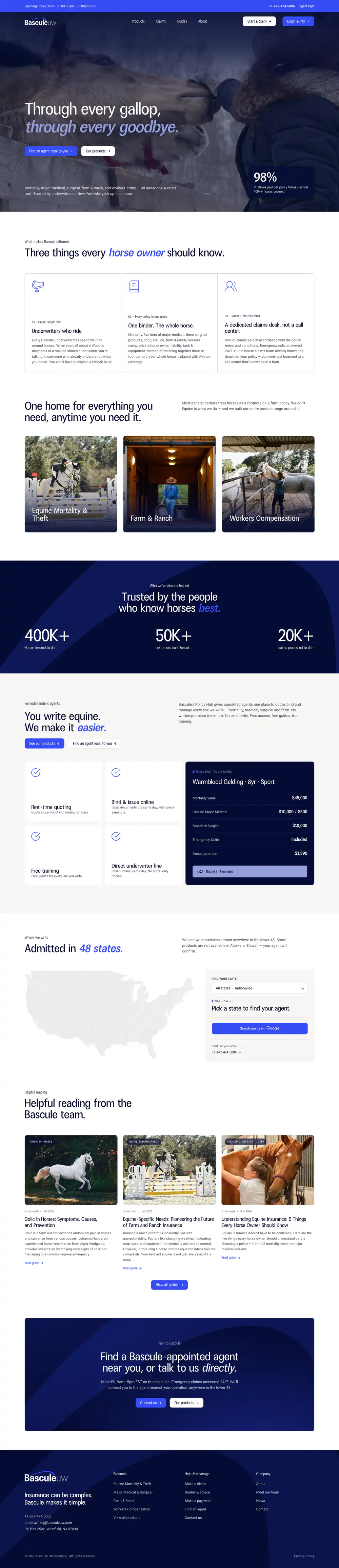 Bascule Underwriting's website scrolling from the homepage hero through what makes Bascule different, its products, its figures, the section for agents, the map of states and its guides, to the footer