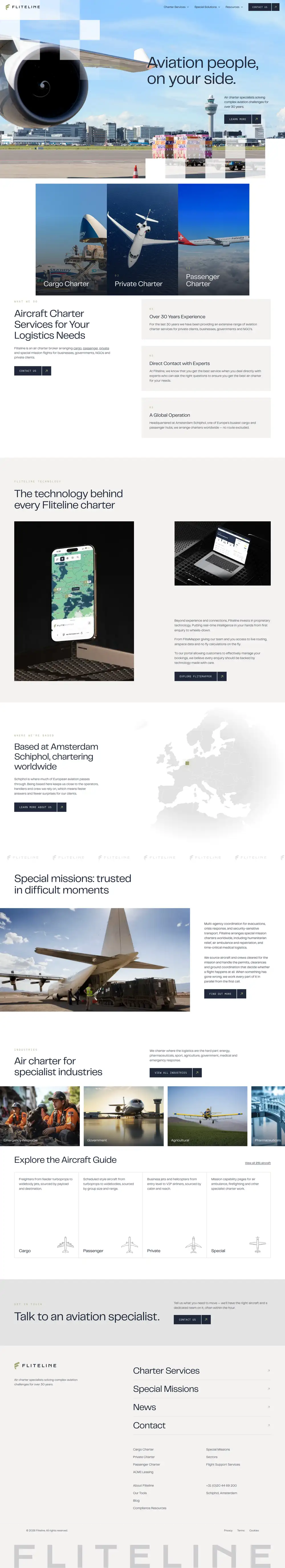 Fliteline's 2026 website scrolling from the homepage through its services, its technology, the sectors it serves and the aircraft guide